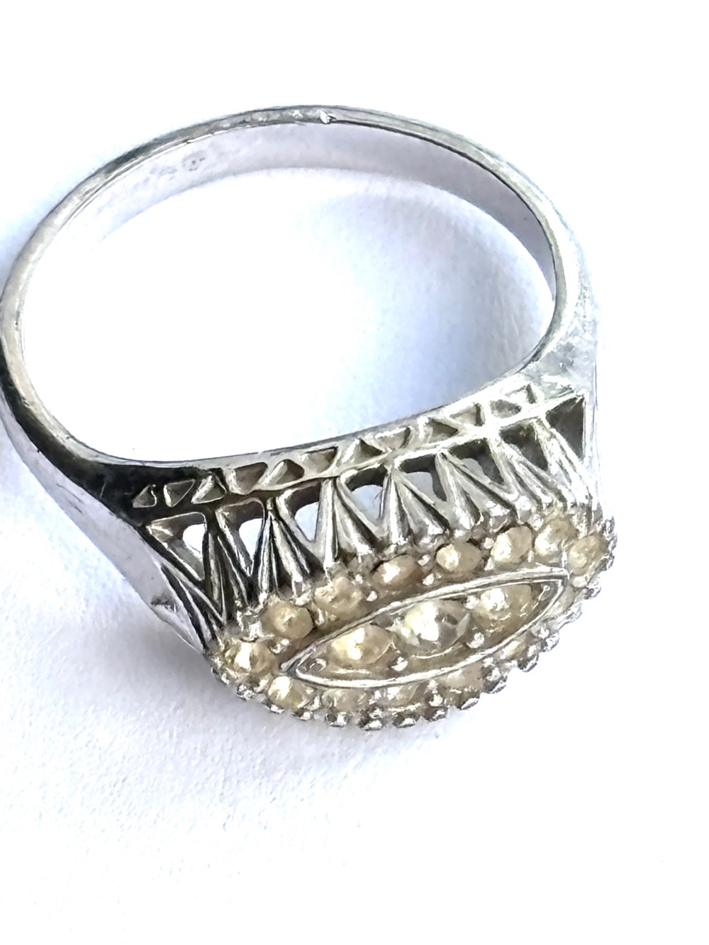 Vintage 18KT HGE Rhinestone Filigree Cocktail Ring Silver Tone Size 6.75